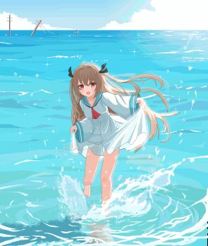 1girl :d ahoge animated animated_gif ascot atri atri-my_dear_moments- backlighting barefoot black_ribbon blinking blue_sailor_collar blue_sky blush brown_hair chinese_commentary clothes_lift cloud commentary_request cumulonimbus_cloud day dress dress_lift floating_hair fuchuangzi_summerwind full_body hair_between_eyes hair_intakes hair_ribbon happy highres horizon lifting_own_clothes long_hair long_sleeves looking_at_viewer looping_animation ocean open_mouth outdoors pixel_art red_ascot red_eyes reflection reflective_liquid ribbon sailor_collar sailor_dress scenery signature sky smile solo splashing standing standing_on_one_leg sunlight two_side_up utility_pole very_long_hair wading water water_drop white_dress wide_sleeves