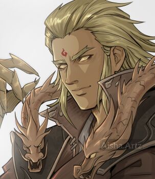 1boy absurdres adam_warlock artist_name artzaisha blonde_hair chinese_clothes colored_skin commentary dragon english_commentary facial_mark forehead_mark guardians_of_the_galaxy hair_slicked_back highres looking_to_the_side male_focus marvel marvel_rivals official_alternate_costume solo upper_body white_background yellow_eyes yellow_skin