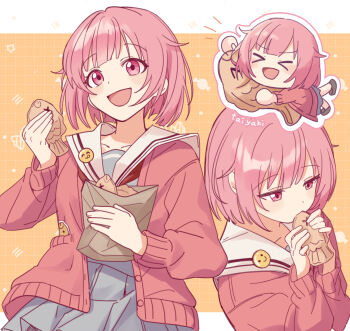 1girl :d blunt_bangs bob_cut brown_shoes cardigan closed_eyes food food_in_mouth grey_skirt hashtag-only_commentary highres holding holding_food layered_clothes long_sleeves mau_(mauchannnn) miyamasuzaka_girls&#039;_academy_school_uniform multiple_views notice_lines ootori_emu open_cardigan open_clothes open_mouth pink_cardigan pink_eyes pink_hair project_sekai sailor_collar school_uniform shoes short_hair skirt smile star_(symbol) taiyaki wagashi