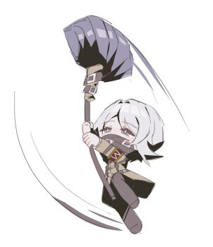 1girl arms_up black_pants black_shoes blue_eyes brown_coat chibi coat e.g.o_(project_moon) faust_(project_moon) glass_fill16 hammer highres holding holding_hammer limbus_company lobotomy_corporation_(identity)_(project_moon) long_sleeves pants project_moon regret_(e.g.o) shoes short_hair simple_background solo swinging_weapon white_background white_hair