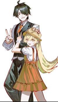 Rule 34 | 1boy, 1girl, ahoge, araragi koyomi, black eyes, black hair, black pants, black vest, blonde hair, collared shirt, commentary request, dress, fang, feet out of frame, hair between eyes, hair over one eye, hand on another's head, hand up, hat, highres, long hair, long sleeves, lunifish, monogatari (series), necktie, open mouth, orange dress, orange necktie, oshino shinobu, pants, shirt, short hair, short sleeves, simple background, skin fang, smile, teeth, v, vest, white background, white shirt, yellow eyes, yellow hat