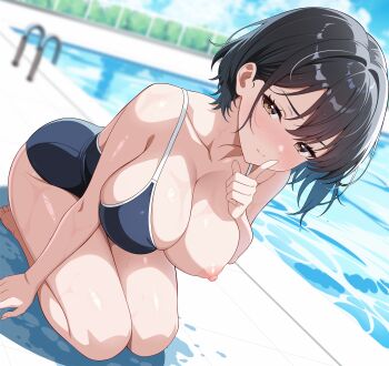 Rule 34 | 1girl, absurdres, bare arms, barefoot, black hair, black one-piece swimsuit, blue sky, blush, breasts, brown eyes, chain-link fence, cleavage, closed mouth, cloud, collarbone, day, feet, fence, finger to mouth, hair between eyes, highres, index finger raised, large breasts, looking at viewer, medium hair, nipples, one-piece swimsuit, one breast out, original, outdoors, pool, pool ladder, poolside, rin ateria, school swimsuit, seductive gaze, seductive smile, shushing, sitting, sky, smile, solo, swimsuit, toes, tree, variant set, wariza, wet