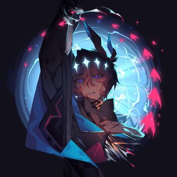 1boy arknights arm_up black_bow black_bowtie black_cape black_ribbon black_sleeves bow bowtie brown_hair cape crown e.g.o_(project_moon) fish hair_ribbon heathcliff_(project_moon) limbus_company looking_at_viewer mercuryhx parted_lips project_moon purple_eyes ribbon solo tidal_elegy_(e.g.o)