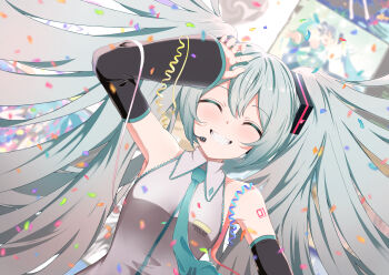 Rule 34 | 1girl, absurdres, anniversary, annotation request, aqua hair, aqua necktie, arm up, armpits, blurry, blurry background, blush, breasts, closed eyes, commentary, confetti, detached sleeves, facing viewer, grey shirt, grin, hair between eyes, hair ornament, hand up, hatsune miku, headphones, highres, long hair, long sleeves, medium breasts, melt (vocaloid), necktie, parted lips, partially annotated, rio beginner, shirt, sleeveless, sleeveless shirt, smile, solo, song request, teeth, tell your world (vocaloid), twintails, unknown mother goose (vocaloid), upper body, very long hair, vocaloid, wide sleeves