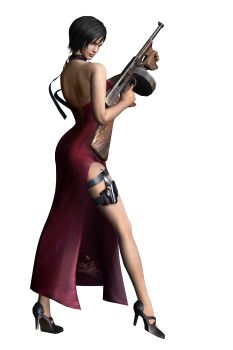 1girl 3d absurdres ada_wong bad_tag bare_shoulders capcom chicago_typewriter dress drum_magazine female_focus gun helmet highres machine_gun magazine_(weapon) official_art red_dress resident_evil resident_evil_4 side_slit solo submachine_gun survival_horror thompson_submachine_gun weapon