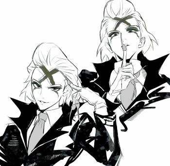 Rule 34 | 1boy, bow, bowtie, collared shirt, dr. stone, ercqelx8rprduft, facial mark, finger to mouth, fingernails, gloves, greyscale, hair slicked back, highres, index finger raised, jacket, long sleeves, looking at viewer, makeup, male focus, monochrome, multiple views, necktie, open mouth, parted lips, scar, scar on face, scar on forehead, shirt, short hair, shushing, simple background, smile, teeth, waterpaint, white background, white shirt, xeno (dr.stone)