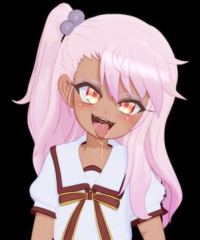 1girl 3d black_background blush chloe_von_einzbern dark-skinned_female dark_skin fate/kaleid_liner_prisma_illya fate_(series) female_focus gs-mantis loli long_hair looking_at_viewer naughty_face open_mouth orange_eyes pink_hair saliva school_uniform short_sleeves side_ponytail solo tongue tongue_out