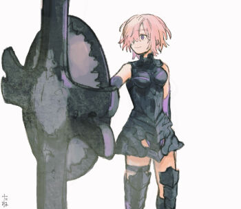 1girl black_dress commentary_request dress fate/grand_order fate_(series) gloves hair_over_one_eye highres holding holding_weapon looking_to_the_side mash_kyrielight pink_hair purple_eyes short_hair smile solo standing thighhighs umeboitarou weapon