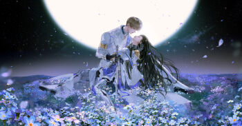 1boy 1girl absurdres armlet bell_sleeves black_gloves black_hair black_pantyhose black_shirt blonde_hair blue_eyes blue_flower blue_gemstone blue_ribbon boots closed_eyes closed_mouth coat cradling_head detached_collar dress earclip earrings expressionless falling_petals feather_trim field flower flower_field forget-me-not_(flower) full_body full_moon gem gloves hair_slicked_back highres holding holding_sword holding_weapon jewelry knee_up lapels lips long_hair long_sleeves looking_at_another love_and_deepspace moon night night_sky notched_lapels on_grass outdoors pants pantyhose petals planted planted_sword planted_weapon profile protagonist_(love_and_deepspace) ribbon see-through_clothes see-through_dress shirt shoe_soles short_hair shoulder_guard single_earring sitting sky star_(sky) star_(symbol) starry_sky sword tassel tassel_earrings thigh_boots thigh_strap weapon white_coat white_dress white_footwear white_pants white_shirt wispy_bangs xavier_(love_and_deepspace) xiao_yunye