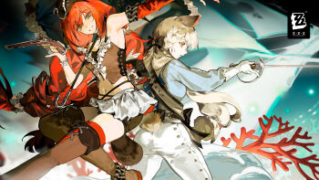 2girls :d absurdres alice_thymefield alternate_costume animal_ears antique_firearm ass asymmetrical_clothes bare_shoulders black_shorts blonde_hair boots bow braid braided_twintails breasts brown_vest copyright_notice coral finger_on_trigger firearm firelock flintlock gloves green_eyes gun hair_bow handgun hat highres holding holding_gun holding_sword holding_weapon kamanosuke_(zenless_zone_zero) low_twintails medium_breasts midriff multiple_girls nail_polish navel official_art official_wallpaper open_mouth pants pirate pirate_costume rabbit_ears rabbit_girl rabbit_tail raccoon_tail rapier red_eyes red_hair red_nails shirt shorts shorts_under_skirt silhouette skirt smile sweat sword tail thigh_boots tricorne twin_braids twintails ukinami_yuzuha umbrella vest weapon white_gloves white_pants white_shirt white_skirt zenless_zone_zero