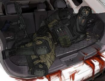 1boy armor assault_rifle blood blood_stain bound bound_wrists breastplate call_of_duty car car_trunk covered_face explosive full_body grenade gun helmet highres in_trunk knees_up konig_(call_of_duty) looking_at_viewer lying magazine_(weapon) motor_vehicle on_side rifle seencrow shoulder_armor solo variant_set weapon