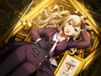 1girl black_gloves black_vest brown_jacket brown_pants coin_in_mouth collarbone collared_shirt conductor_baton game_cg gloves grey_hair grey_necktie hair_spread_out hand_on_own_head jacket long_hair long_sleeves looking_at_viewer loose_necktie necktie official_art pants purple_eyes saijou_claudine shirt shoujo_kageki_revue_starlight shoujo_kageki_revue_starlight_-re_live- solo spotlight upper_body vest waistcoat white_shirt