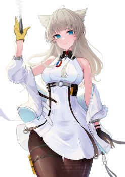 1girl absurdres aoi_tooru arknights arknights:_endfield arm_up bare_shoulders black_gloves blue_eyes brown_pantyhose closed_mouth commentary_request cowboy_shot dress gloves grey_hair highres jacket long_hair looking_at_viewer off_shoulder pantyhose partial_commentary perlica_(arknights) short_dress simple_background sleeveless sleeveless_dress solo standing thigh_gap thigh_strap watermark white_background white_dress white_jacket yellow_gloves zipper_pull_tab