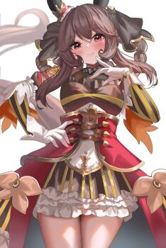 1girl ame_sagari animal_ears black_bow black_bowtie blush bow bowtie braid braided_hair_rings breasts brown_hair cape closed_mouth commentary_request corset detached_sleeves ear_covers ear_ornament gentildonna_(regina_dei_fiori)_(umamusume) gentildonna_(umamusume) gloves gold_embroidery hair_between_eyes hair_ornament hair_rings highres horse_ears horse_girl horse_tail large_breasts long_hair looking_at_viewer red_cape red_corset red_eyes see-through_cleavage see-through_clothes simple_background smile solo tail umamusume waist_cape white_background white_gloves