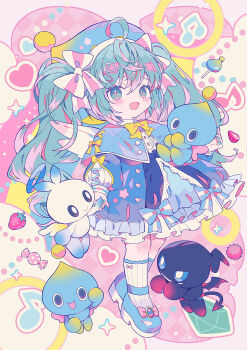 1girl :&gt; :d aged_down ahoge aqua_capelet aqua_eyes aqua_hair aqua_nails aqua_skirt black_sclera black_skin blue_coat blue_dress blue_eyes blue_halo blue_hat blue_sclera blue_shoes blue_sleeves blush bow butterfly_wings buttons candy capelet capelet_bow chao_(sonic) closed_mouth coat collared_shirt colored_eyelashes colored_sclera colored_skin creature cross-laced_capelet cross-laced_clothes crossed_bangs crossover dark_chao dress eighth_note evil_grin evil_smile flower food frilled_coat frilled_dress frills fruit full_body grin hair_between_eyes hair_bow hair_ornament hairclip halo hat hat_ornament hatsune_miku heart heart_button heart_hair_ornament hero_chao highres holding_hands horizontal-striped_clothes insect_wings lollipop long_hair long_sleeves looking_at_viewer musical_note nail_polish neutral_chao official_art open_clothes open_coat open_mouth pastel_colors pinafore_dress pink_bow pink_flower pink_wings pom_pom_(clothes) pom_pom_hat_ornament project_onsoku puff_and_slash_sleeves puffy_coat puffy_long_sleeves puffy_sleeves second-party_source sharp_teeth shirt shoes sidelocks skirt sleeveless sleeveless_dress smile socks solo sonic_(series) sonic_racing:_crossworlds sparkle strawberry striped_clothes striped_socks teeth tongue twintails two-tone_bow vertical-striped_clothes vertical-striped_socks very_long_hair vocaloid wavy_hair white_bow white_eyes white_shirt white_skin white_sleeves white_socks white_wings wing_collar wings wrapped_candy yellow_bow yellow_hat yumenouchi_chiharu