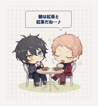 2boys ? aqua_eyes black_shirt black_shoes chair chibi closed_eyes commentary_request cup ensemble_stars! flower food greyscale heterochromia holding holding_cup itsuki_shu jacket k78m kagehira_mika lapels long_sleeves male_focus monochrome multiple_boys notched_lapels on_chair open_clothes open_jacket open_mouth pants pink_hair plate red_jacket red_pants shirt shoelaces shoes short_bangs short_hair sitting smile speech_bubble table teacup translation_request valkyrie_(ensemble_stars!) yellow_eyes