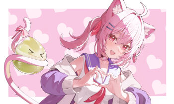 Rule 34 | 1girl, :d, ahoge, animal ear fluff, animal ears, black choker, blush, border, choker, collarbone, commentary, creature, four-finger heart hands, hair between eyes, hair ornament, hairclip, hands up, heart, heart choker, heart hands, highres, indie virtual youtuber, jacket, kagemoe1003, long sleeves, looking at viewer, medium hair, neckerchief, off shoulder, open clothes, open jacket, open mouth, parallel hairclips, pink background, pink eyes, pink hair, pink ribbon, purple jacket, purple sailor collar, red neckerchief, ribbon, sailor collar, shirt, simple background, sleeveless, sleeveless shirt, slime (creature), smile, tail, tail ornament, tail raised, tail ribbon, teeth, upper body, upper teeth only, virtual youtuber, white border, white jacket, white shirt