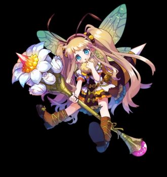 1girl arthropod_girl bee_girl black_background blue_eyes blush boots brown_boots brown_hair child dragonfly_wings dress flat_chest full_body hairband highres holding holding_staff insect_girl insect_wings licking_own_finger long_hair merc_storia merc_storia_art_team official_art puffy_short_sleeves puffy_sleeves ruche_(merc_storia) short_dress short_sleeves simple_background solo staff standing tachi-e tareme twintails very_long_hair white_dress wings