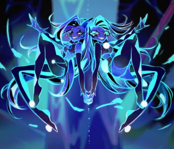 2girls aqua_skin asymmetrical_bangs breasts colored_skin demon demon_girl demon_horns glam_(helluva_boss) glitz_(helluva_boss) glowing hellaverse helluva_boss highres holding_hands horns long_hair looking_at_viewer medium_breasts multicolored_hair multiple_girls ponytail siblings sisters twintails very_long_hair zaixialushisan