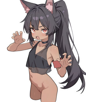 1girl animal_ear_fluff animal_ears armband bare_shoulders black_choker black_hair blush bottomless choker claw_pose cleft_of_venus collarbone commission cowboy_shot crop_top cropped_legs dark-skinned_female dark_skin fang flat_chest junnodan loli long_hair looking_at_viewer navel open_mouth original pixiv_commission ponytail pussy red_eyes simple_background skin_fang solo uncensored v-shaped_eyebrows white_background