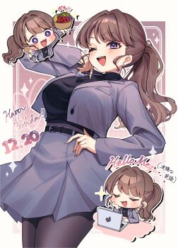 +_+ 1girl absurdres belt black_pantyhose black_sweater blush brown_hair chibi chibi_inset commentary_request computer dated earrings fujishima_megumi fujishima_megumi_(post-graduation) grey_jacket grey_skirt halftone halftone_background hand_on_own_hip happy_birthday heart heart_necklace highres hiyori_(20hiyori727) jacket jewelry laptop link!_like!_love_live! long_hair long_sleeves looking_at_viewer love_live! multiple_views necklace one_eye_closed open_clothes open_jacket open_mouth outside_border pantyhose ponytail purple_eyes skirt smile stud_earrings sweater