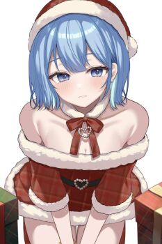 1girl bare_shoulders belt black_belt blue_eyes blue_hair blush bow box bracelet breasts christmas cleavage closed_mouth collarbone commentary dress earrings fur-trimmed_dress fur_trim gift hat highres hololive hoshimachi_suisei jewelry kohaku_(csacu) looking_at_viewer off-shoulder_dress off_shoulder official_alternate_hair_length official_alternate_hairstyle red_dress red_hat red_ribbon ribbon santa_costume santa_dress santa_hat short_hair simple_background small_breasts solo star_(symbol) star_in_eye symbol-only_commentary symbol_in_eye virtual_youtuber white_background