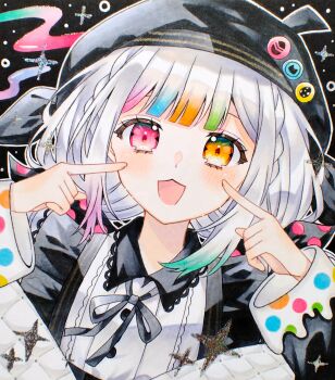 1girl :3 :d absurdres akatsuki_nea beret black_ribbon blunt_bangs bow commentary_request fingers_to_cheeks hands_up hat heterochromia highres jogasaki_noah long_hair long_sleeves looking_at_viewer magical_girl mahou_shoujo_no_majo_saiban marker_(medium) multicolored_hair neck_ribbon open_mouth outline polka_dot polka_dot_bow ribbon shikishi smile solo sparkle streaked_hair traditional_media upper_body white_hair white_outline yellow_eyes