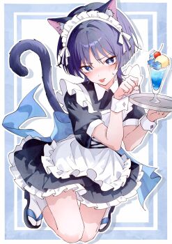 1boy alternate_costume animal_ear_fluff animal_ears apron black_dress black_sandals black_tail blunt_ends blush bright_pupils cat_boy cat_ears cat_tail cherry collar collared_dress crossdressing crossdressing_(mtf) dress enmaided food frilled_apron frilled_dress frills fruit genshin_impact highres holding holding_tray ice_cream ice_cream_float juice kuro774_n maid maid_apron maid_headdress male_focus male_maid paw_pose purple_eyes purple_hair sandals scaramouche_(genshin_impact) socks solo sweatdrop tail tongue tongue_out tray white_apron white_collar white_pupils white_socks white_wrist_cuffs wispy_bangs wrist_cuffs zouri