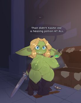 1girl blonde_hair blue_eyes breasts colored_skin english_text female_goblin goblin green_skin highres huffslove large_breasts large_ears nipples nude original oversized_clothes plump potion pussy shortstack solo sword syllia_(huffslove) transformation weapon wide_hips