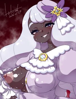 1girl 2026 alternate_breast_size_(larger) big_hair dark-skinned_female dark_skin dated dress gloves hair_ornament hanya_(hanya_yashiki) highres jacinthe_(pokemon) long_hair looking_at_viewer mega_stone nintendo no_bra one_breast_out open_clothes pacifier pokemon pokemon_legends:_z-a puffy_nipples purple_dress purple_eyes purple_hair red_background simple_background smile solo steam steaming_body sweat sweatdrop teeth undressing upper_teeth_only very_dark_skin very_long_hair white_gloves