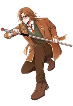 Rule 34 | 1boy, brown coat, brown hair, brown pants, brown shoes, brown sleeves, ca11me otaku, coat, collared shirt, curtained hair, drawing sword, dress pants, fingernails, glasses, green vest, holding, holding sheath, holding sword, holding weapon, kneeling, lapels, legs together, long sleeves, male focus, maximin liebkne, necktie, nexon, notched lapels, pants, red eyes, red necktie, rimless eyewear, round eyewear, second-party source, sheath, shirt, shoes, short hair, simple background, sleeve cuffs, solo, straight hair, sword, tales weaver, transparent background, trench coat, undershirt, unsheathing, vest, waistcoat, weapon, white shirt, wing collar