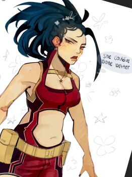 1girl black_eyes black_hair boku_no_hero_academia breasts cleavage clothing_cutout cowboy_shot exhosofsilence highres long_hair navel ponytail sketch solo star_(symbol) stomach_cutout white_background yaoyorozu_momo