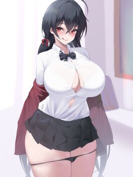1girl :d ahoge armband azur_lane black_hair blush bow bra_visible_through_clothes breasts bursting_breasts button_gap crossed_bangs highres huge_breasts kuavera long_hair looking_at_viewer navel official_alternate_costume open_mouth panties panty_pull pleated_skirt red_eyes school_uniform shirt skirt smile solo sweat sweater taihou_(azur_lane) taihou_(sweet_time_after_school)_(azur_lane) thick_thighs thighs tongue tongue_out twintails underwear very_long_hair yellow_armband