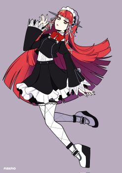 Rule 34 | 1girl, alternate costume, artist name, black jacket, black skirt, bow, bowtie, frilled garter belt, frilled hairband, frilled skirt, frills, full body, gekkoukan high school uniform, grey background, hair ribbon, hairband, highres, jacket, lolita hairband, long hair, object through head, persona, persona 3, pinkpio1, red bow, red bowtie, red hair, ribbon, school uniform, sidelocks, simple background, skirt, solo, thighhighs, very long hair, white ribbon, white thighhighs, wide sleeves, yoshino chidori