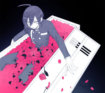 Rule 34 | 1boy, ahoge, black background, black hair, black jacket, buttons, collared jacket, commentary request, danganronpa (series), danganronpa v3: killing harmony, dark background, double-breasted, flower, hair between eyes, in locker, jacket, kinashi runamu, locker, long sleeves, looking to the side, lower eyelashes only, male focus, pants, petals, pinstripe jacket, pinstripe pants, pinstripe pattern, red flower, red rose, rose, rose petals, saihara shuichi, short hair, sitting, solo, spot color, striped clothes, too many flowers