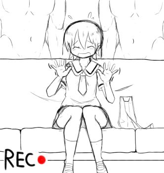 1girl 2boys aioi_yuuko bag blush closed_eyes couch flying_sweatdrops greyscale hands_up highres madmex meme monochrome multiple_boys nichijou open_mouth piper_perri_surrounded_(meme) school_uniform shoes short_hair short_sleeves sitting sketch socks thighs tokisadame_school_uniform waving