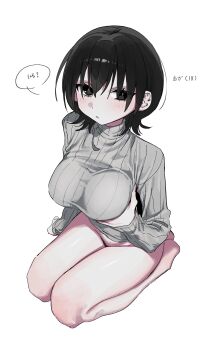 1girl absurdres black_eyes black_hair bottomless breasts choppy_bangs expressionless eyes_visible_through_hair from_above full_body grabbing_own_breast grey_sweater hair_over_eyes hand_up highres large_breasts long_bangs long_sleeves looking_at_viewer looking_up medium_hair original parted_lips ribbed_sweater seiza simple_background sitting solo speech_bubble sweater syhan translation_request turtleneck turtleneck_sweater white_background