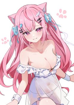 1girl :3 absurdres animal_ears animal_hands bandaid bare_shoulders blush bow braid breasts cat_ears cat_girl chobonu closed_mouth commentary d-pad d-pad_hair_ornament dress extra_ears fish_hair_ornament frilled_dress frills ghost_hair_ornament hair_bow hair_ornament hairclip heart heart_hair_ornament highres indie_virtual_youtuber large_breasts long_hair looking_at_viewer navel panties pink_eyes pink_hair revision see-through_clothes see-through_dress see-through_silhouette simple_background smile solo thighs two_side_up underwear virtual_youtuber white_background white_dress white_panties white_wrist_cuffs wing_hair_ornament wrist_cuffs yuuki_sakuna