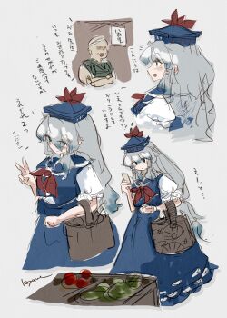 Rule 34 | 1boy, 1girl, ascot, basket, blue eye, blue eyes, blue hat, blue skirt, blue vest, commentary request, display, grey background, hat, highres, kamishirasawa keine, koyane (silver81106), red ascot, shopping, skirt, solo focus, touhou, vest