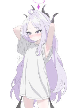1girl absurdres ahoge alternate_costume armpits arms_behind_head black_halo blue_archive blush breasts commentary cowboy_shot demon_girl demon_horns demon_wings forehead halo highres hina_(blue_archive) horns long_hair looking_afar looking_at_viewer multicolored_halo oversized_clothes oversized_shirt parted_bangs presenting_armpit purple_eyes runarie shirt short_sleeves sidelocks simple_background small_breasts solo standing t-shirt two-tone_halo wavy_hair white_hair white_shirt wings