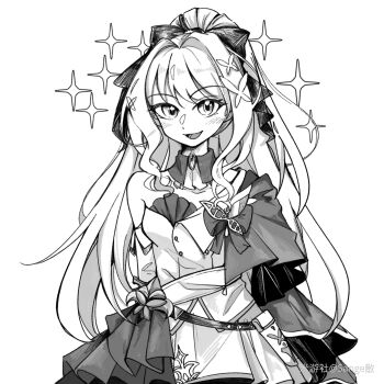 1girl :d benghuai_xueyuan black_bow bow chinese_commentary commentary_request dress greyscale hair_bow highres honkai_(series) laniaitte_gordius_de_eumenes long_hair looking_at_viewer monochrome open_mouth ponytail sange simple_background smile solo white_background white_dress