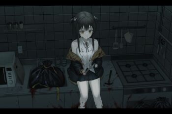 1girl absurdres black_hair black_jacket black_ribbon black_skirt blood blood_on_clothes blood_on_face blood_on_hands blood_on_leg bloody_weapon broken_glass cabinet closed_mouth collared_shirt commentary_request dark dot_nose electrical_outlet faucet glass hair_ornament hammer highres holding holding_wrench implied_murder indoors jacket jar kitchen kkamkkam letterboxed long_hair long_sleeves microwave miniskirt neck_ribbon off_shoulder open_clothes original oven_mitts padded_jacket rabbit_hair_ornament ribbon ringed_eyes scissors shirt sidelocks skirt smile soap_bottle solo spatula stove tile_wall tiles trash_bag two-sided_fabric two-sided_jacket two_side_up weapon white_shirt wrench yellow_eyes