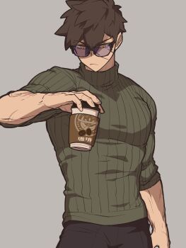 1boy black_pants brown_hair closed_mouth cup cyp1a2 disposable_coffee_cup disposable_cup doudanuki_masakuni grey_background hair_between_eyes highres holding holding_cup looking_down male_focus pants ribbed_sweater scar scar_on_face simple_background solo sweater touken_ranbu turtleneck turtleneck_sweater veins veiny_arms yellow_eyes