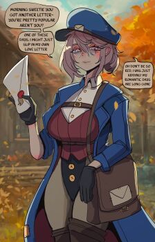 1girl absurdres autumn autumn_leaves bag basedbinkie black_boots black_gloves black_leotard blue_coat blue_hat boots breasts buttons coat commentary day english_commentary english_text envelope glasses gloves grey_hair grey_pantyhose hair_between_eyes hair_bun hat highres holding holding_envelope large_breasts leaf leotard leotard_under_clothes light_blush long_sleeves looking_at_viewer mailman mature_female mole mole_under_eye original outdoors pantyhose peaked_cap quinn_murphy_(basedbinkie) shirt short_hair shoulder_bag smile solo speech_bubble thigh_boots tree wax_seal white_shirt wing_collar