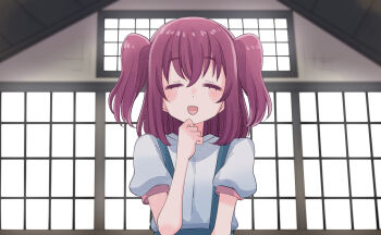 1girl :d aqua_skirt blush closed_eyes commentary cream_(nipakupa) facing_viewer in-universe_location indoors kurosawa_ruby love_live! love_live!_sunshine!! medium_hair open_mouth puffy_short_sleeves puffy_sleeves red_hair shirt short_sleeves skirt smile solo suspender_skirt suspenders two_side_up white_shirt window