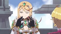 1boy 1girl animated blonde_hair breasts cleavage_cutout clothing_cutout highres large_breasts meme mythra_(xenoblade) shulk_(xenoblade) sound tagme third-party_edit video yapcreations