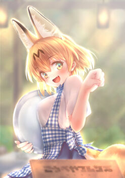 1girl :d alternate_costume animal_ear_fluff animal_ears apron back_bow blonde_hair blue_apron blue_bow blue_bowtie blue_skirt blurry blurry_background bow bowtie breasts commentary_request depth_of_field extra_ears from_side gingham_apron highres holding holding_tray kemono_friends kemono_friends_3 kobeya_uniform large_breasts looking_at_viewer open_mouth serval_(kemono_friends) shirt short_hair skirt smile solo standing tray upper_body white_shirt yellow_eyes yuuki_(snowhouse)