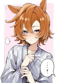 ... 1girl ? amano_(amano_miko) animal_ears bath_yukata blush closed_mouth collarbone grey_kimono hair_between_eyes highres horse_ears horse_girl japanese_clothes kimono long_sleeves looking_at_viewer orange_hair purple_eyes short_hair solo speech_bubble spoken_ellipsis spoken_question_mark t.m._opera_o_(umamusume) umamusume upper_body yukata