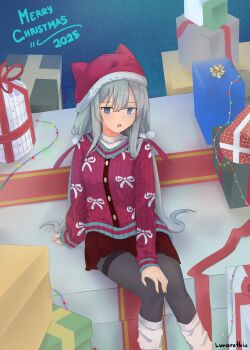 1girl 2025 :o absurdres alternate_costume animal_ear_headwear arm_behind_back artist_name black_pantyhose blush box buttons cardigan christmas commentary_request dated fake_animal_ears feet_out_of_frame fujikawa_mia fur-trimmed_headwear fur_trim gift gift_box grey_eyes grey_hair hair_between_eyes hair_ornament hair_over_shoulder hair_ribbon hat highres long_hair looking_at_viewer loopers low_twintails lunarethic merry_christmas miniskirt open_mouth pantyhose pleated_skirt pom_pom_(clothes) pom_pom_hair_ornament red_cardigan red_hat red_ribbon red_skirt ribbed_sweater ribbon santa_hat sidelocks sitting skirt sleeves_past_wrists solo sweater thighband_pantyhose tsurime turtleneck turtleneck_sweater twintails very_long_hair white_sweater