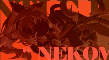 1girl absurdres animal_ears bare_shoulders bell cat_ears cat_girl cat_tail character_name closed_mouth english_text food fur_trim gloves hair_intakes high_ponytail highres holding jingle_bell long_hair looking_at_viewer lying mindscape_cinema_(zenless_zone_zero) neck_bell nekomiya_mana official_alternate_costume official_art on_side orange_background orange_theme ponytail red_theme shirt sleeveless solo tail text_background upper_body zenless_zone_zero